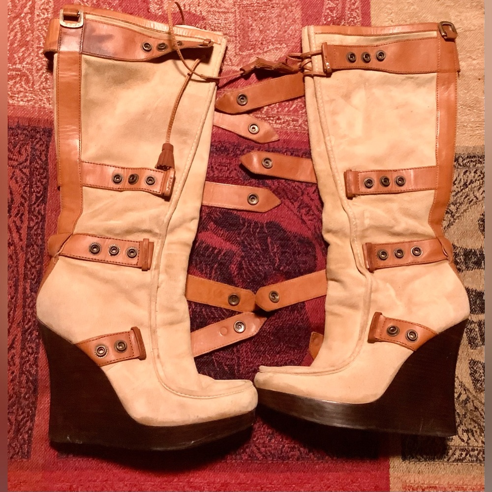 “Lamb” by Gwen Stefani knee high wedge platform suede boots